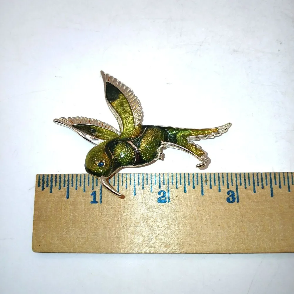 Hummingbird Brooch Pin Green Enamel Green Rhinestone Eye Silver Tone Metal 2.75